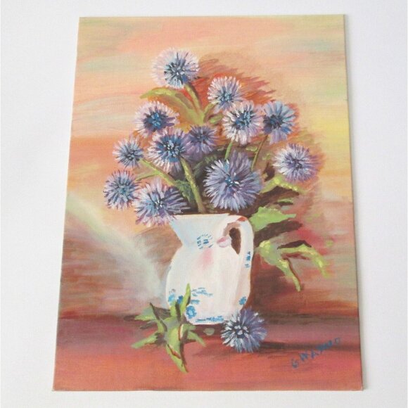 Vintage Blue Thistle In Pitcher Painted Art On Canvas 9 x 12 Signed G Waswo - Picture 2 of 5